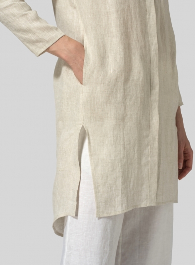 Oat Linen Shirt Dress with Mandarin Collar - Plus Size