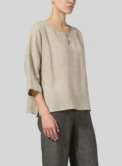 Linen 3/4-Sleeve Round-Neck Box Top