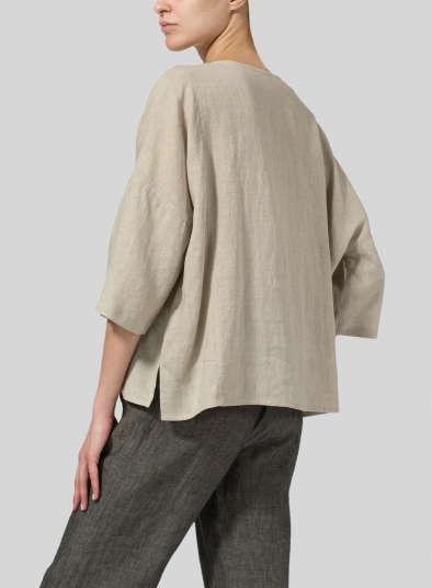 Linen 3/4-Sleeve Round-Neck Box Top - Plus Size