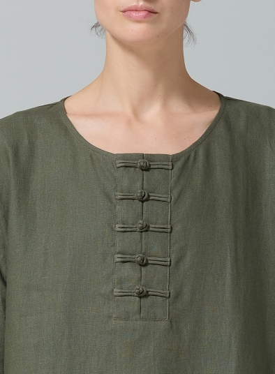 Linen Handmade Knot Button Long Blouse