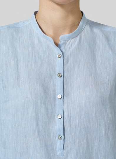 Linen Mandarin Collar Shirt Set - Plus Size