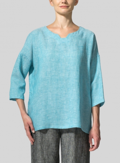 Sea Green Linen Decolletage Neckline Top - Plus Size