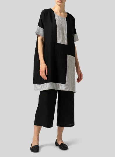 Black Stripe Linen Oversize Patchwork Tunic - Plus Size