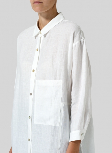 White Linen Half-Sleeve Long Shirt - Plus Size