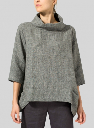 Linen Yarn-dyed Cowl Neck Top - Plus Size