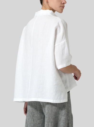 Linen Band Collar Boxy Top - Plus Size