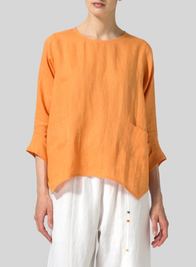 Orange Linen Round Neck 3/4 Sleeve Top