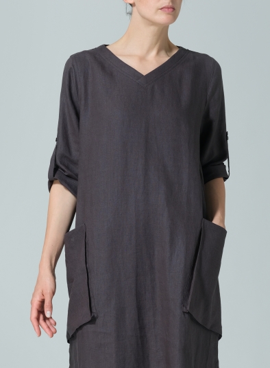 Linen A-shape Patch Pockets Tunic Dress