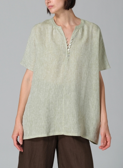 Linen V-neck Cape Sleeve Long Blouse