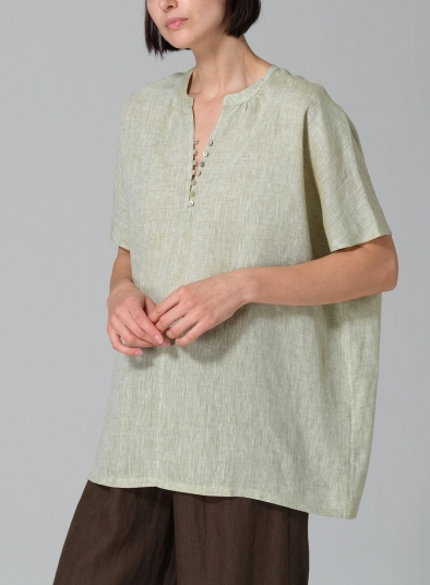 Linen V-neck Cape Sleeve Long Blouse