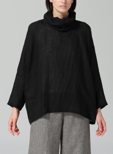 Woven Linen Long Sleeve Cowl Neck Top