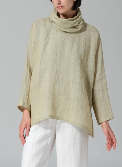 Woven Linen Long Sleeve Cowl Neck Top