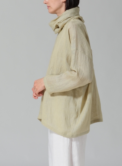 Woven Linen Long Sleeve Cowl Neck Top