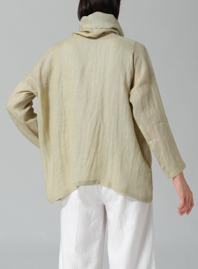 Woven Linen Long Sleeve Cowl Neck Top