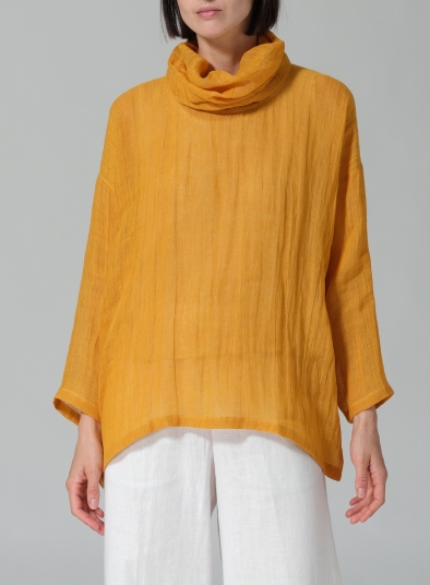 Woven Linen Long Sleeve Cowl Neck Top