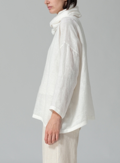 Woven Linen Long Sleeve Cowl Neck Top