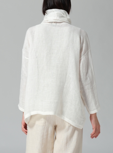 Woven Linen Long Sleeve Cowl Neck Top