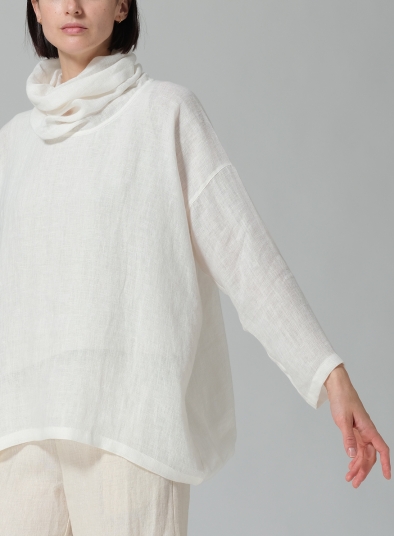 Woven Linen Long Sleeve Cowl Neck Top