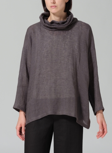 Woven Linen Long Sleeve Cowl Neck Top