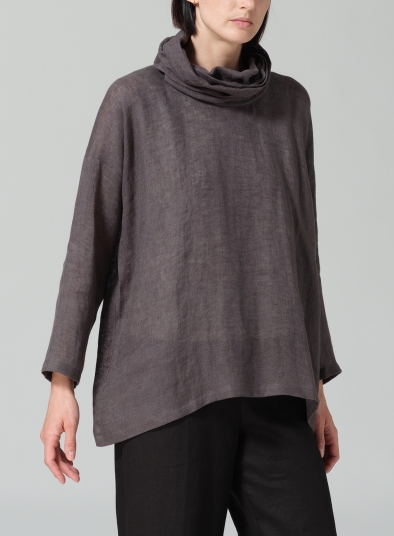 Woven Linen Long Sleeve Cowl Neck Top