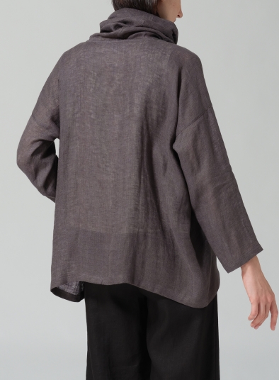 Woven Linen Long Sleeve Cowl Neck Top