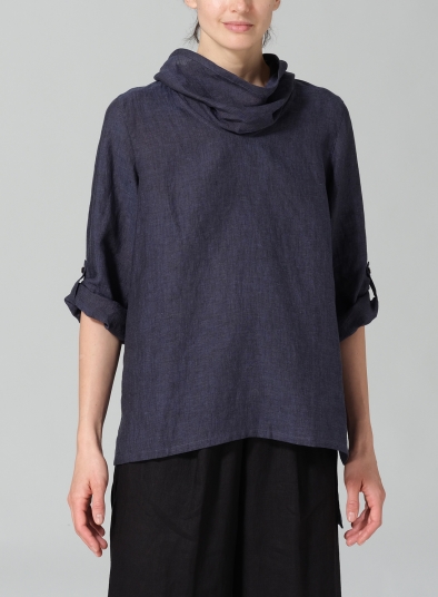 Linen Cowl Neck Rolled Sleeve Loose Top