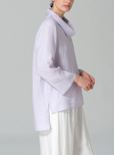 Linen Cowl Neck Rolled Sleeve Loose Top