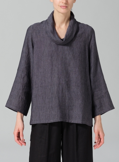 Linen Cowl Neck Rolled Sleeve Loose Top