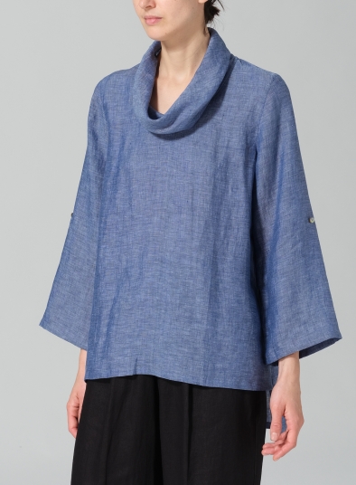 Linen Cowl Neck Rolled Sleeve Loose Top