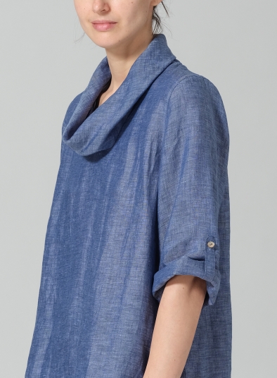 Linen Cowl Neck Rolled Sleeve Loose Top