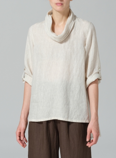 Linen Cowl Neck Rolled Sleeve Loose Top