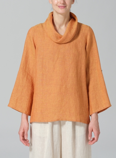 Linen Cowl Neck Rolled Sleeve Loose Top