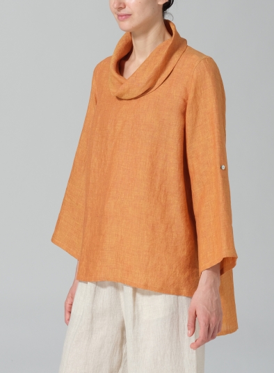 Linen Cowl Neck Rolled Sleeve Loose Top