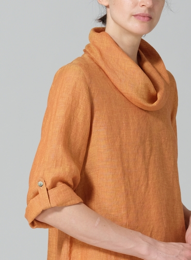 Linen Cowl Neck Rolled Sleeve Loose Top