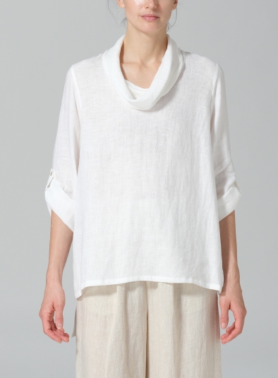 Linen Cowl Neck Rolled Sleeve Loose Top