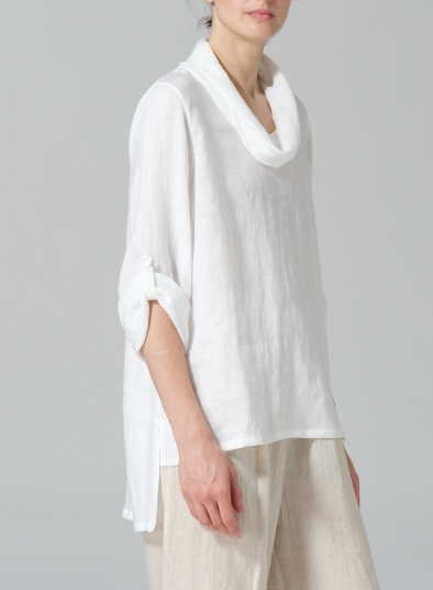 Linen Cowl Neck Rolled Sleeve Loose Top