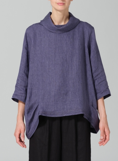 Linen Cowl Neck Curved Hem Top