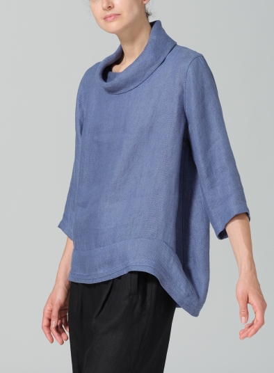 Linen Cowl Neck Curved Hem Top