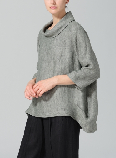 Linen Cowl Neck Curved Hem Top