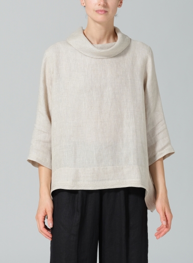 Linen Cowl Neck Curved Hem Top