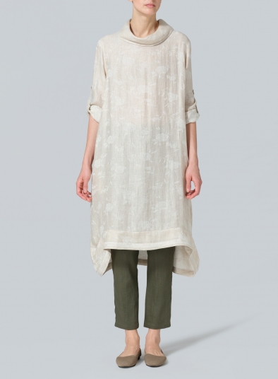 Linen Rolled Sleeve Cowl Neck Long Tunic