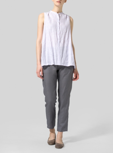 Linen Mandarin Collar A-Line Sleeveless Shirt Set