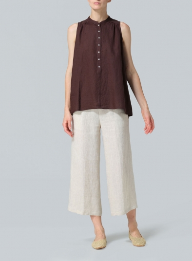 Linen Mandarin Collar A-Line Sleeveless Shirt