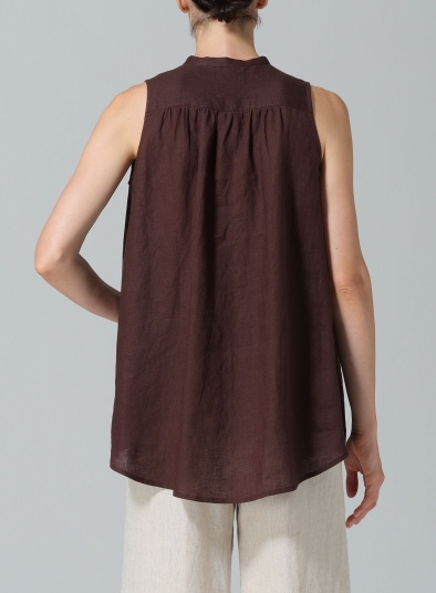 Linen Mandarin Collar A-Line Sleeveless Shirt