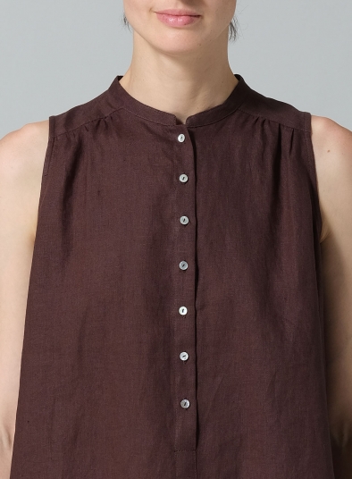 Linen Mandarin Collar A-Line Sleeveless Shirt