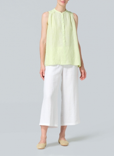 Linen Mandarin Collar A-Line Sleeveless Shirt