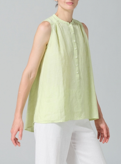 Linen Mandarin Collar A-Line Sleeveless Shirt