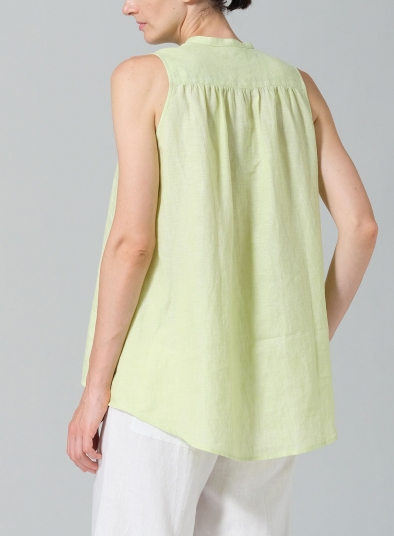 Linen Mandarin Collar A-Line Sleeveless Shirt