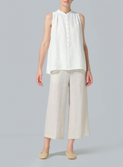 Linen Mandarin Collar A-Line Sleeveless Shirt