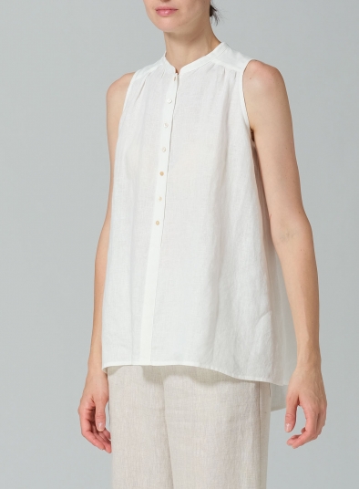 Linen Mandarin Collar A-Line Sleeveless Shirt